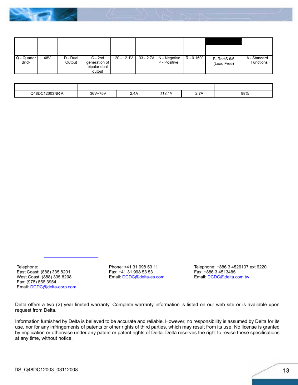 Part numbering system, Model list | Delta Electronics Q48DC User Manual | Page 13 / 13