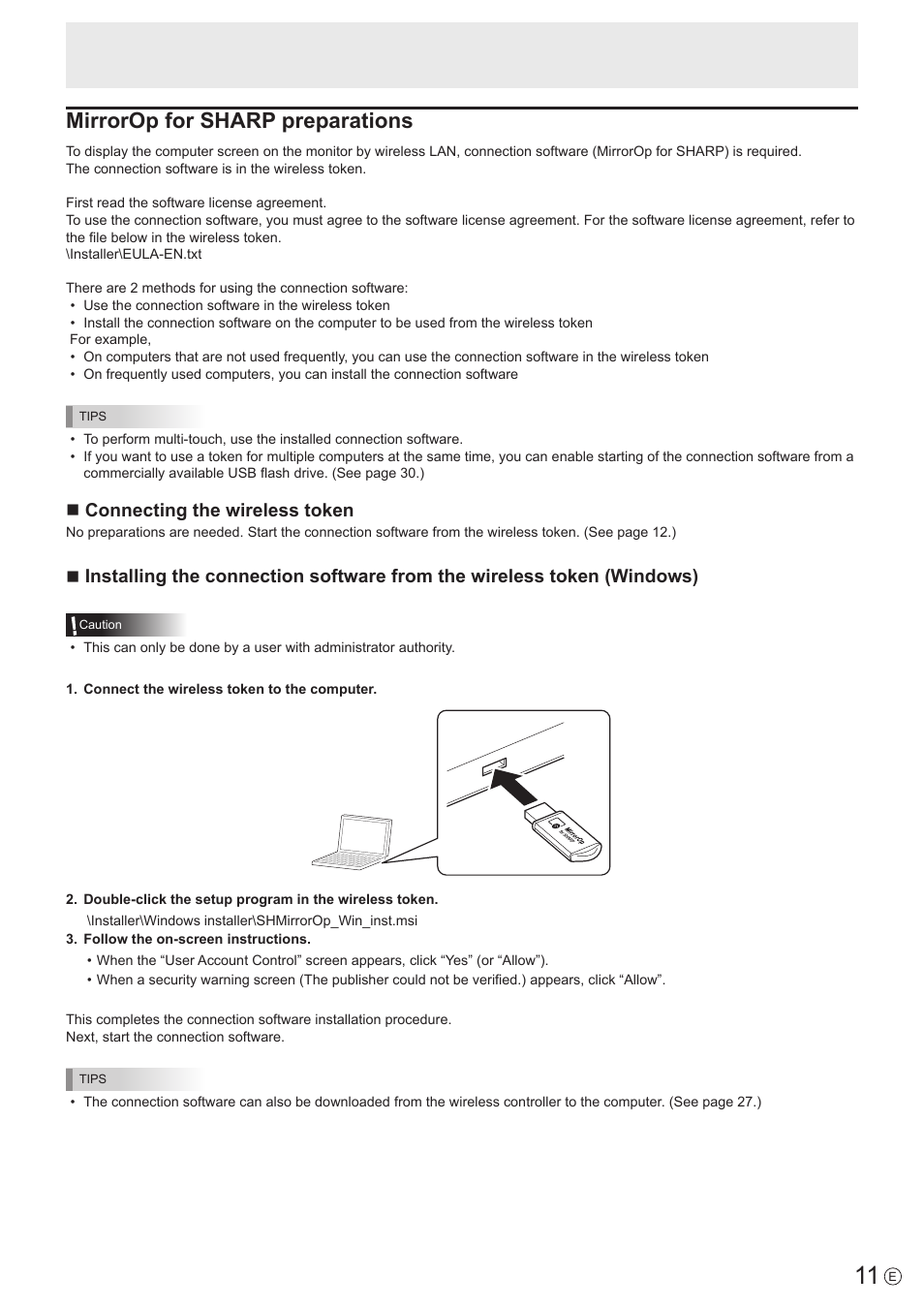 Mirrorop for sharp preparations, Nconnecting the wireless token | Sharp PN-60TW3 User Manual | Page 11 / 43