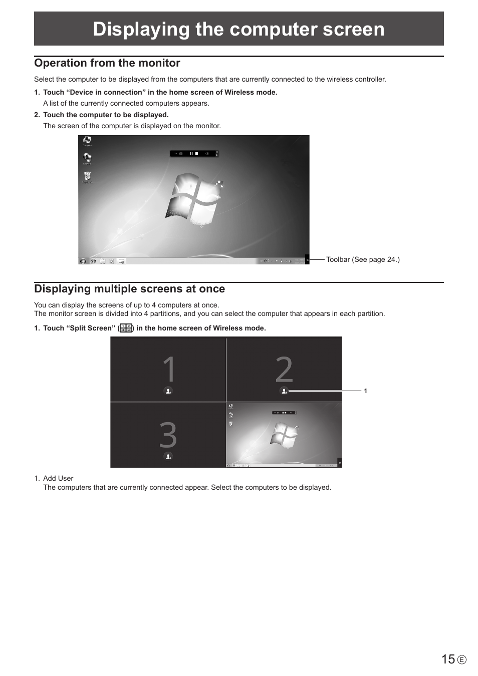 Displaying the computer screen, Operation from the monitor, Displaying multiple screens at once | Sharp PN-60TW3 User Manual | Page 15 / 43