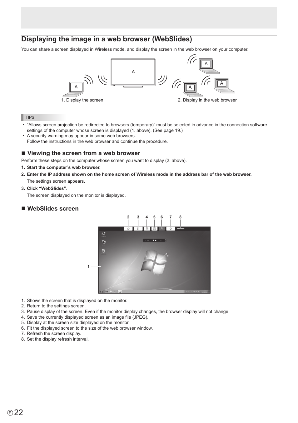 Displaying the image in a web browser (webslides), Nviewing the screen from a web browser, Nwebslides screen | Sharp PN-60TW3 User Manual | Page 22 / 43