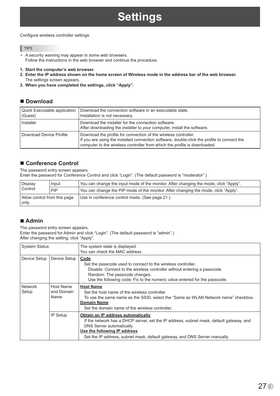 Settings, Ndownload, Nconference control | Nadmin | Sharp PN-60TW3 User Manual | Page 27 / 43