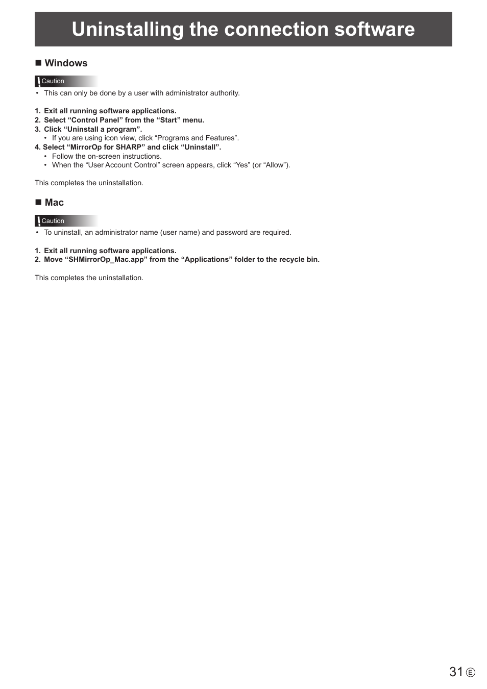 Uninstalling the connection software | Sharp PN-60TW3 User Manual | Page 31 / 43