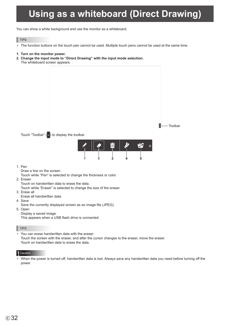 Using as a whiteboard (direct drawing) | Sharp PN-60TW3 User Manual | Page 32 / 43