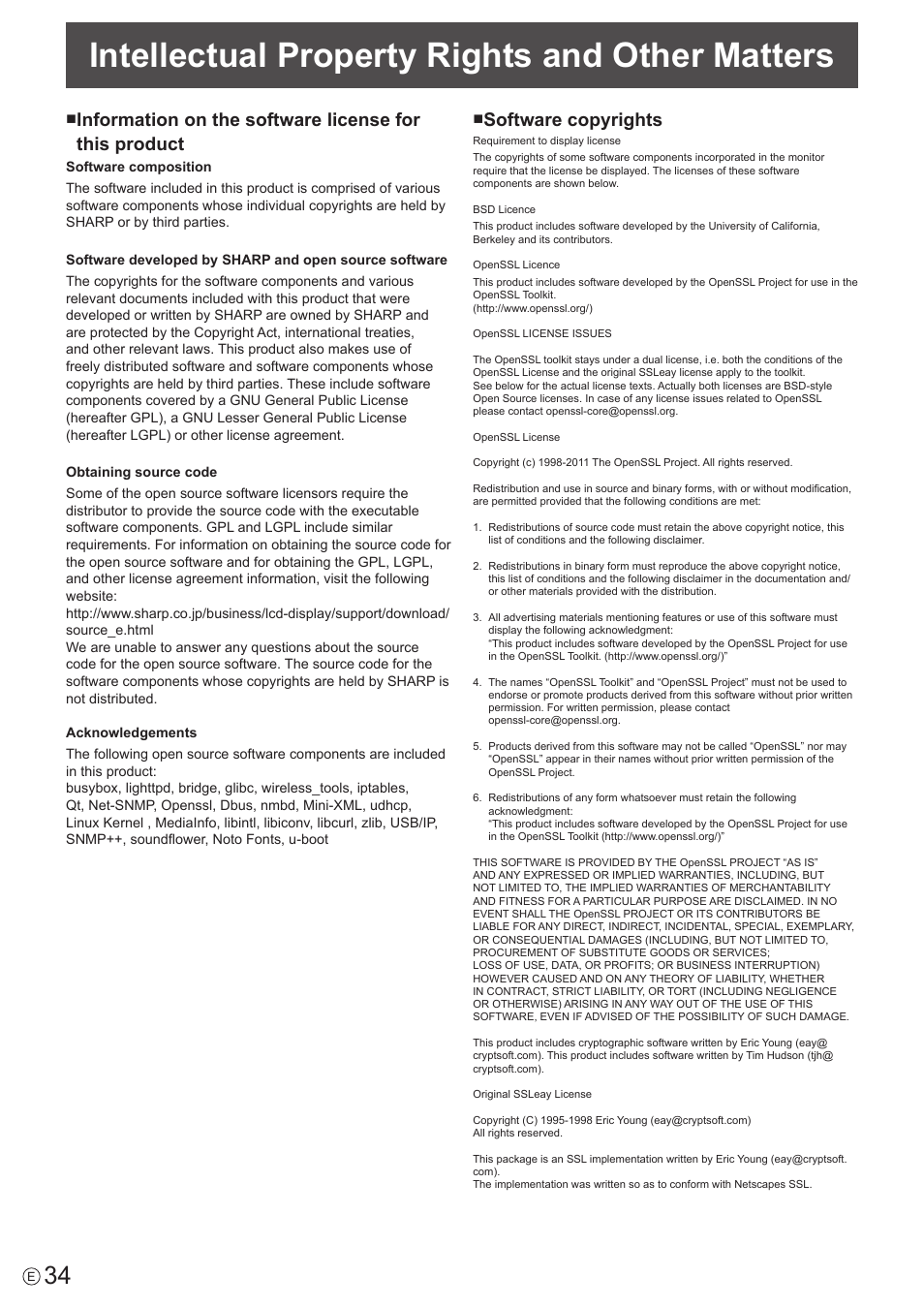 Intellectual property rights and other matters, Software copyrights | Sharp PN-60TW3 User Manual | Page 34 / 43