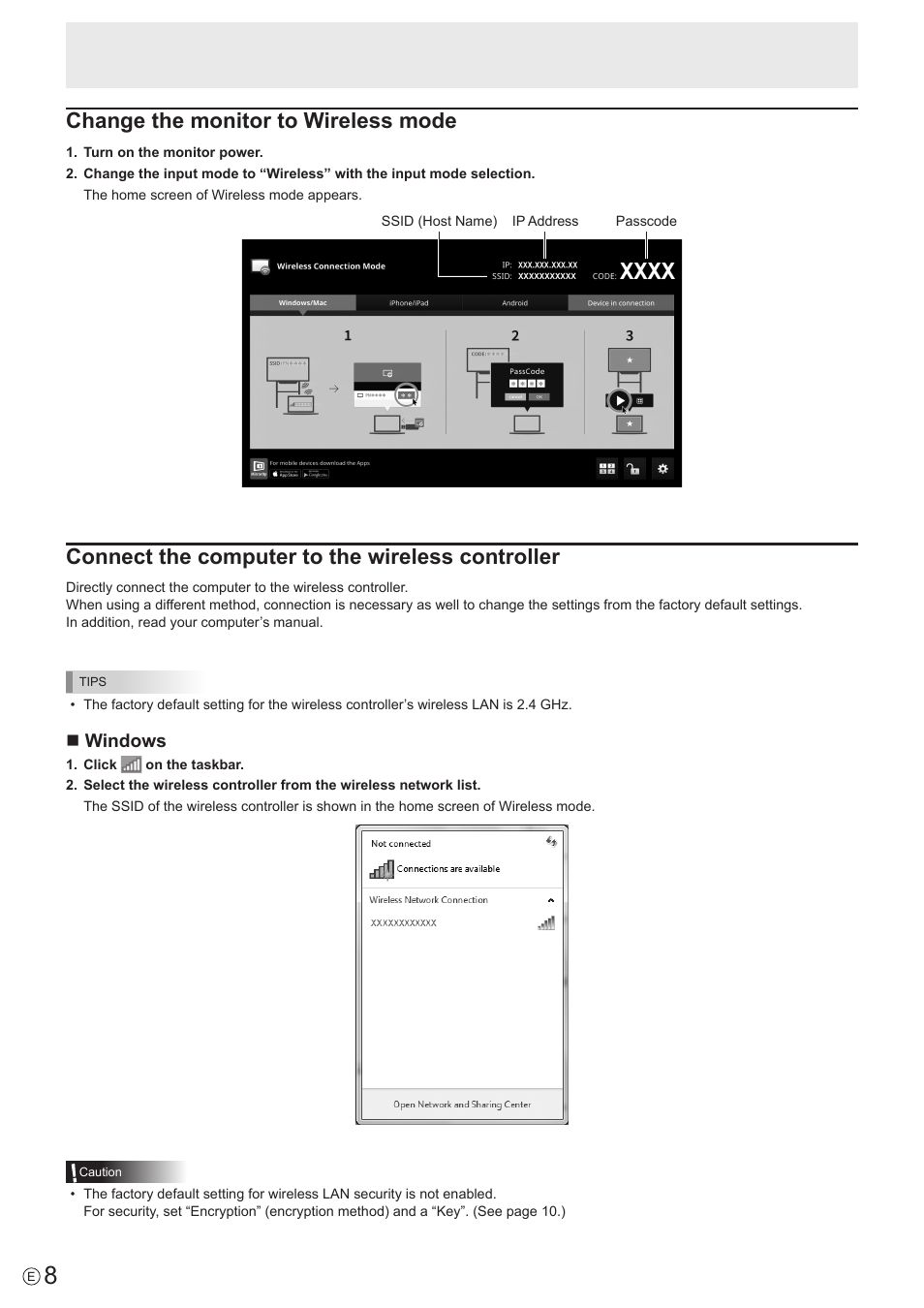 Change the monitor to wireless mode, Connect the computer to the wireless controller, Nwindows | Sharp PN-60TW3 User Manual | Page 8 / 43