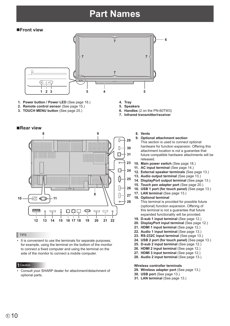 Part names, Nfront view, Nrear view | Sharp PN-60TW3 User Manual | Page 10 / 70