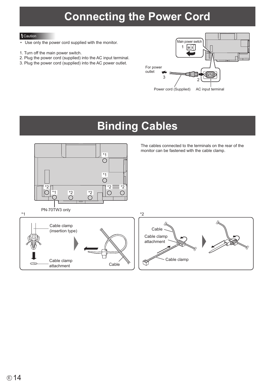 Connecting the power cord, Binding cables | Sharp PN-60TW3 User Manual | Page 14 / 70