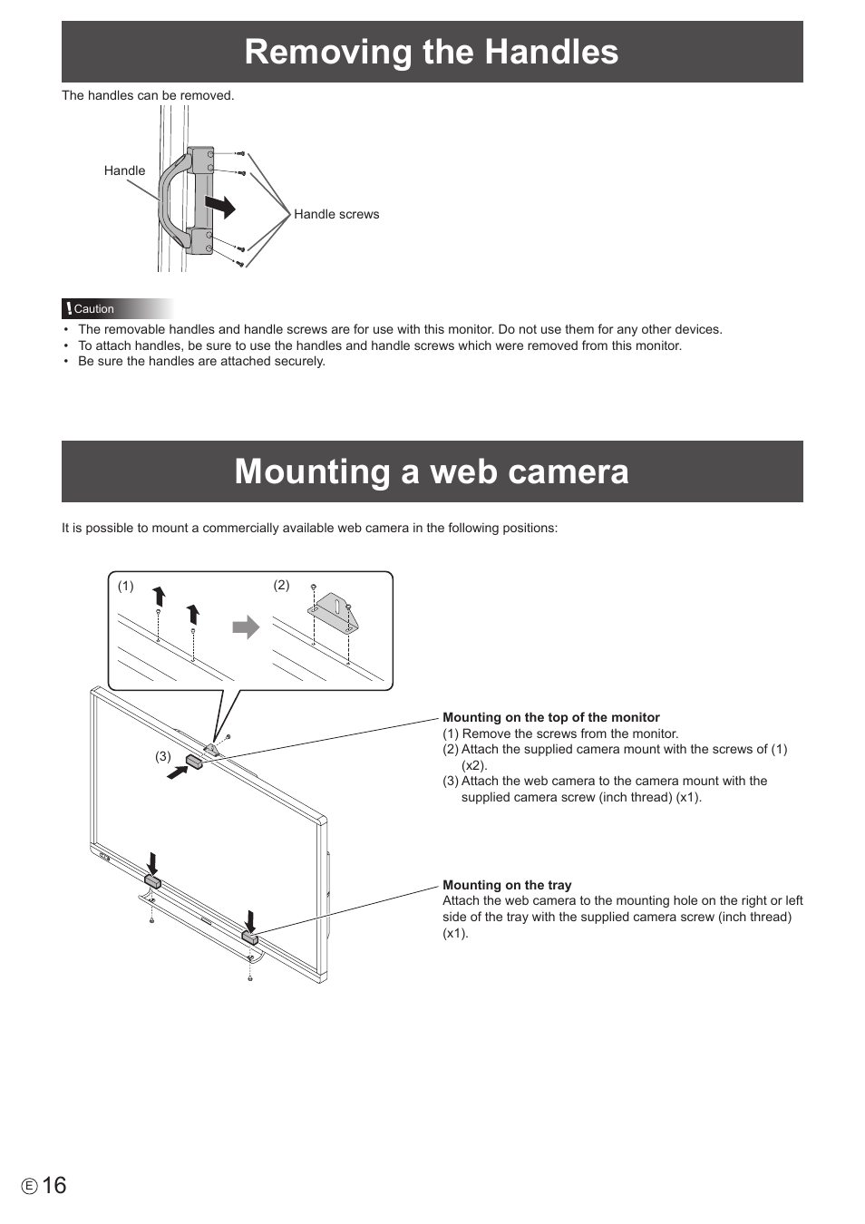 Removing the handles, Mounting a web camera, Removing the handles mounting a web camera | Sharp PN-60TW3 User Manual | Page 16 / 70