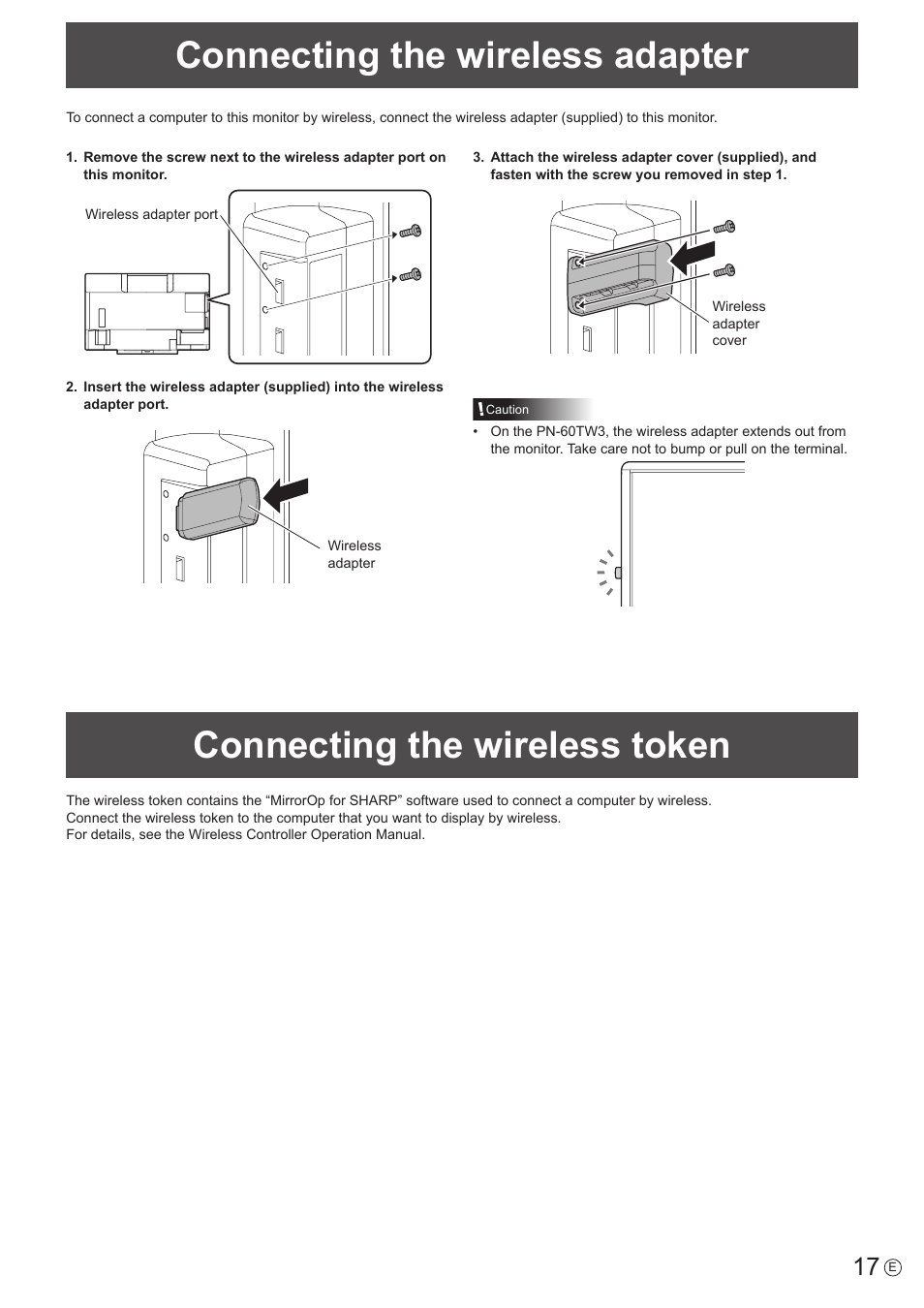 Connecting the wireless adapter, Connecting the wireless token | Sharp PN-60TW3 User Manual | Page 17 / 70