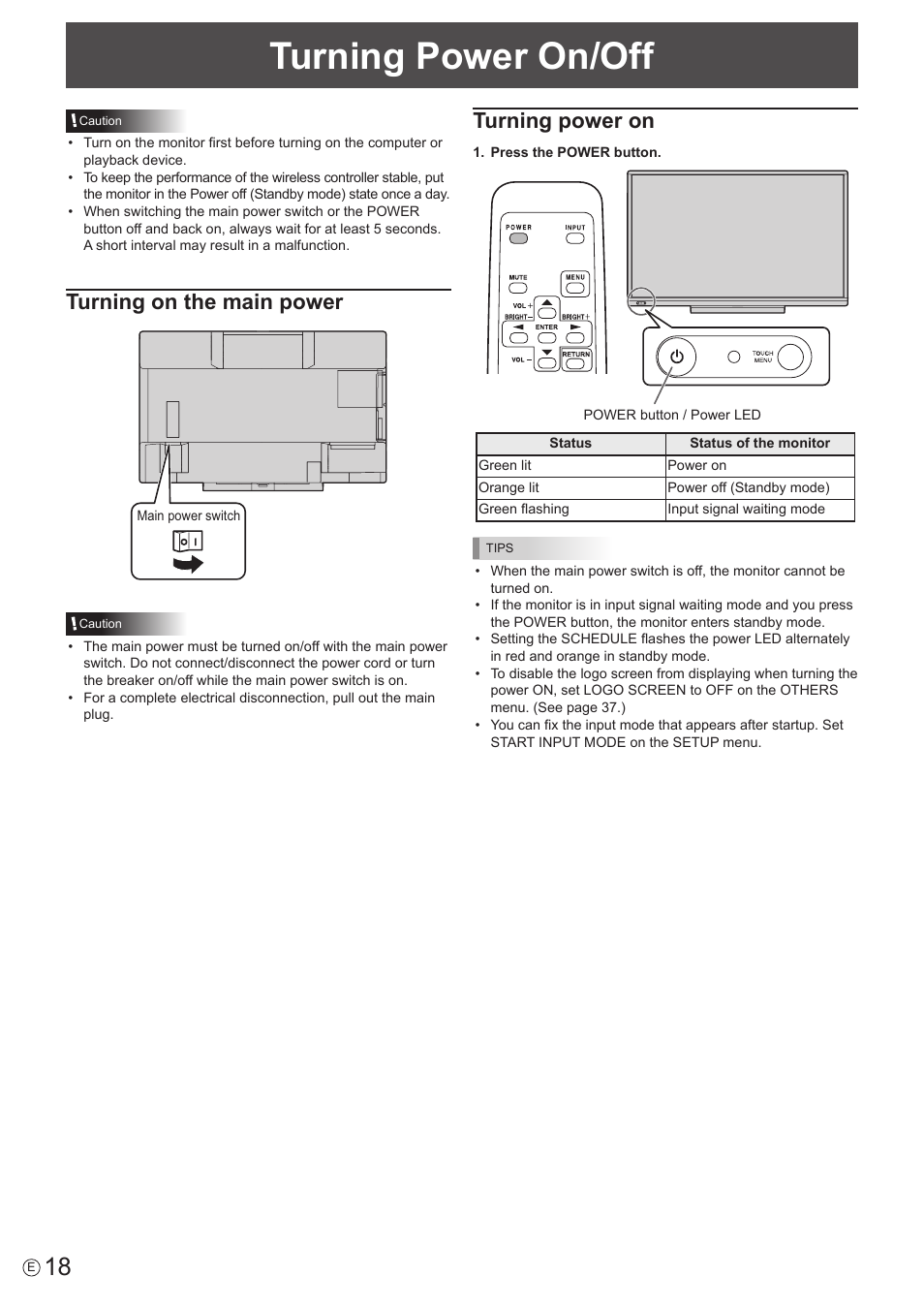 Turning power on/off, Turning on the main power, Turning power on | Sharp PN-60TW3 User Manual | Page 18 / 70
