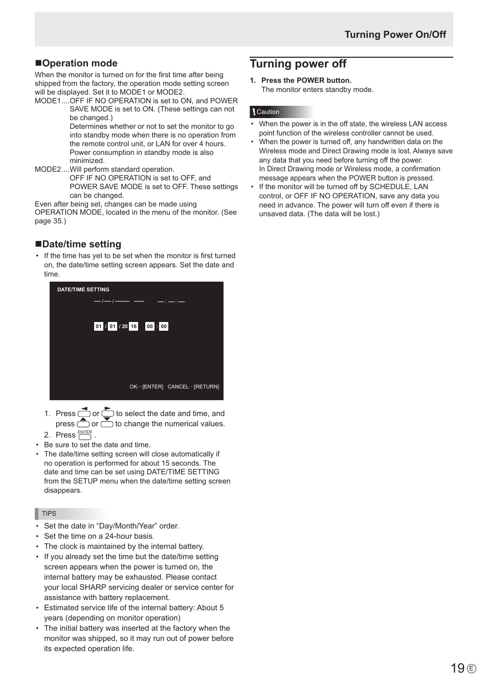Turning power off, Turning power on/off n operation mode, Ndate/time setting | Sharp PN-60TW3 User Manual | Page 19 / 70