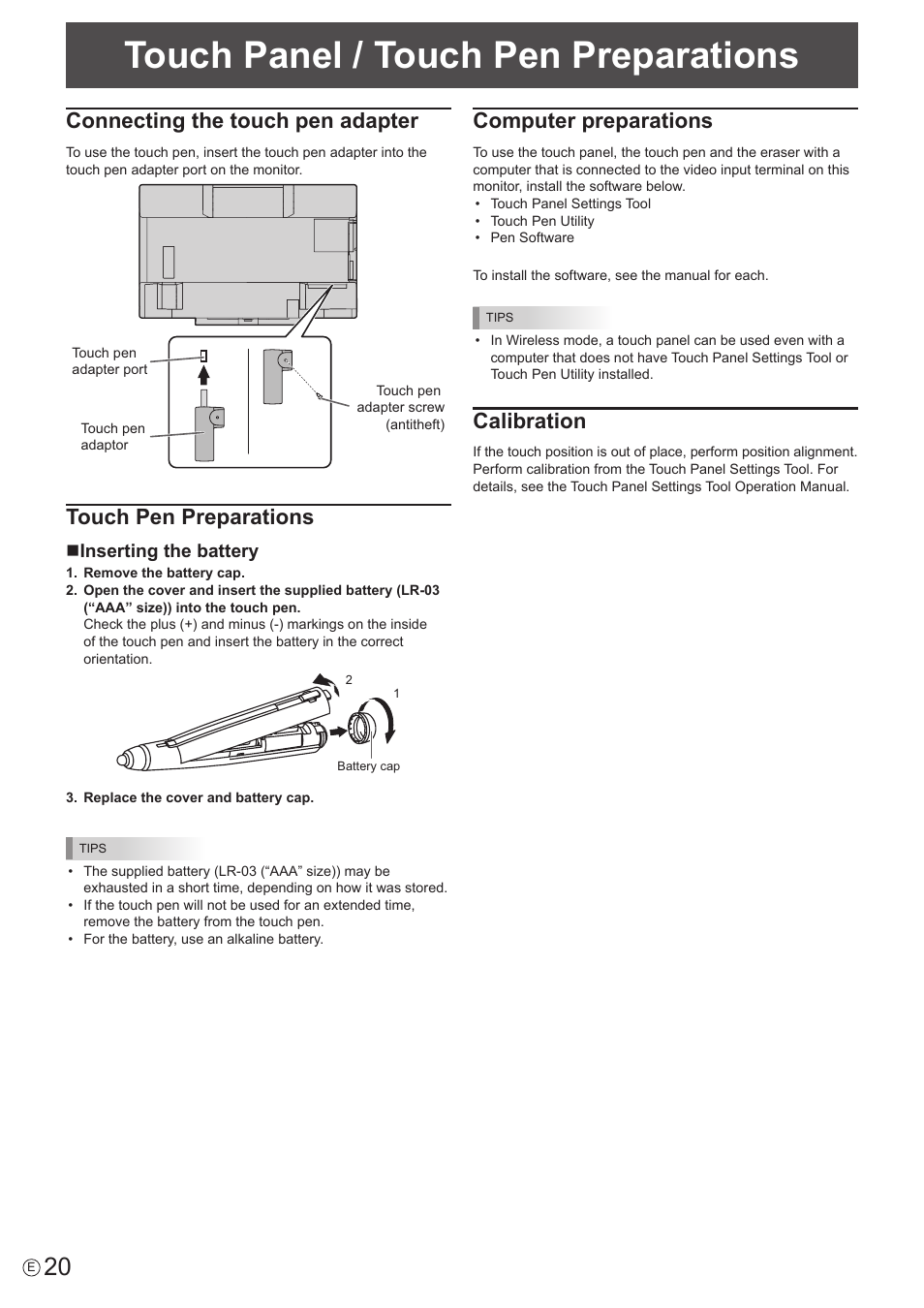 Touch panel / touch pen preparations, Connecting the touch pen adapter, Touch pen preparations | Computer preparations, Calibration, Ninserting the battery | Sharp PN-60TW3 User Manual | Page 20 / 70