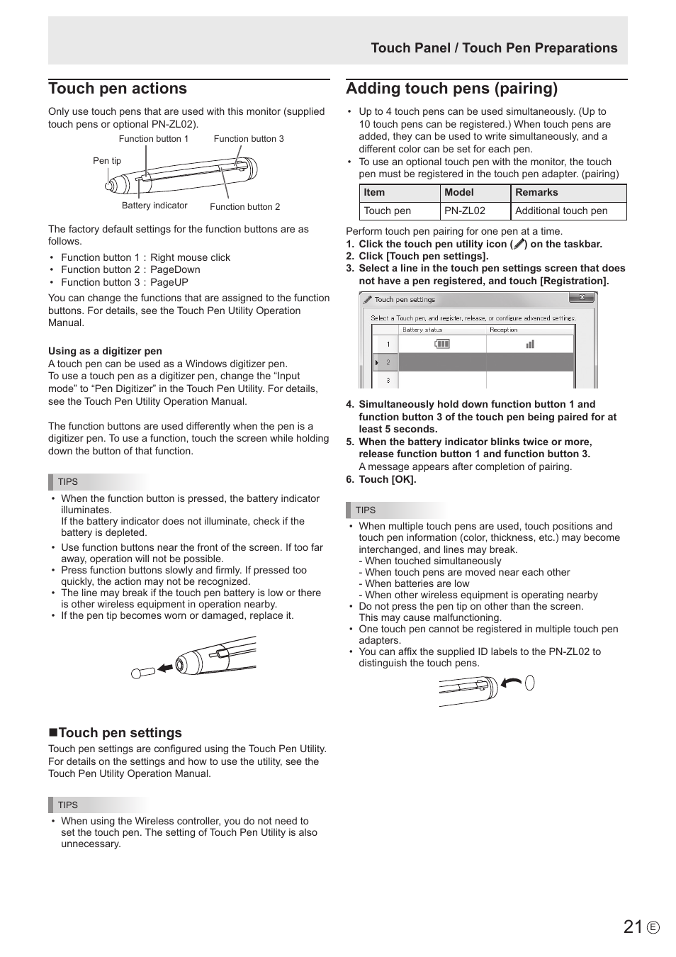 Touch pen actions, Adding touch pens (pairing), Ntouch pen settings | Touch panel / touch pen preparations | Sharp PN-60TW3 User Manual | Page 21 / 70