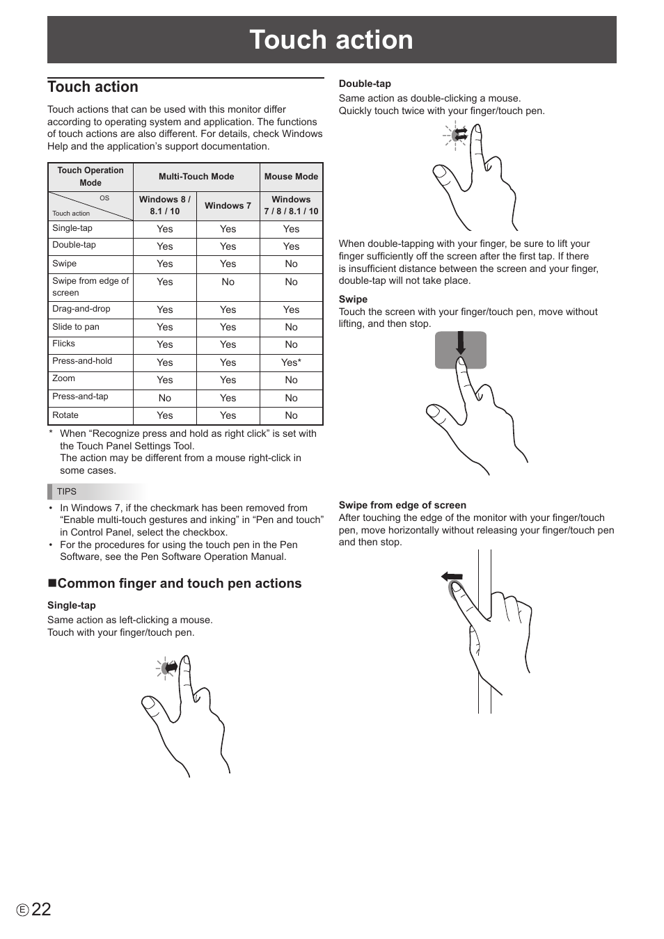 Touch action, Ncommon finger and touch pen actions | Sharp PN-60TW3 User Manual | Page 22 / 70