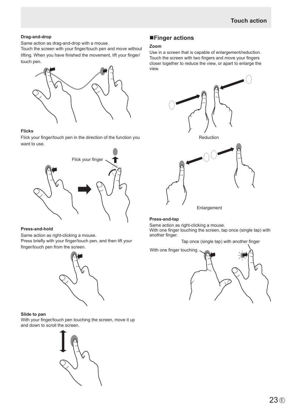 Touch action, Nfinger actions | Sharp PN-60TW3 User Manual | Page 23 / 70