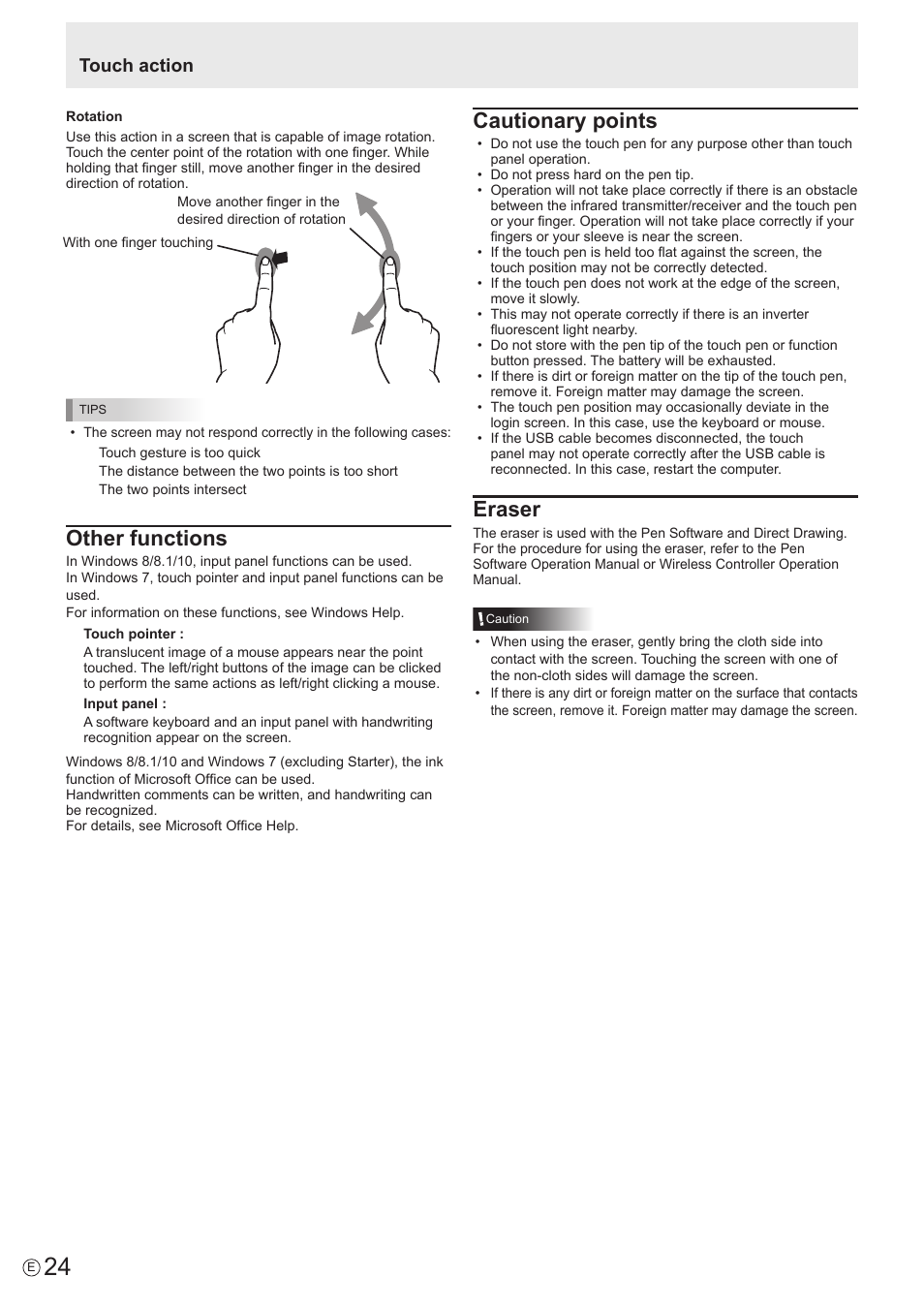 Other functions, Cautionary points, Eraser | Touch action | Sharp PN-60TW3 User Manual | Page 24 / 70