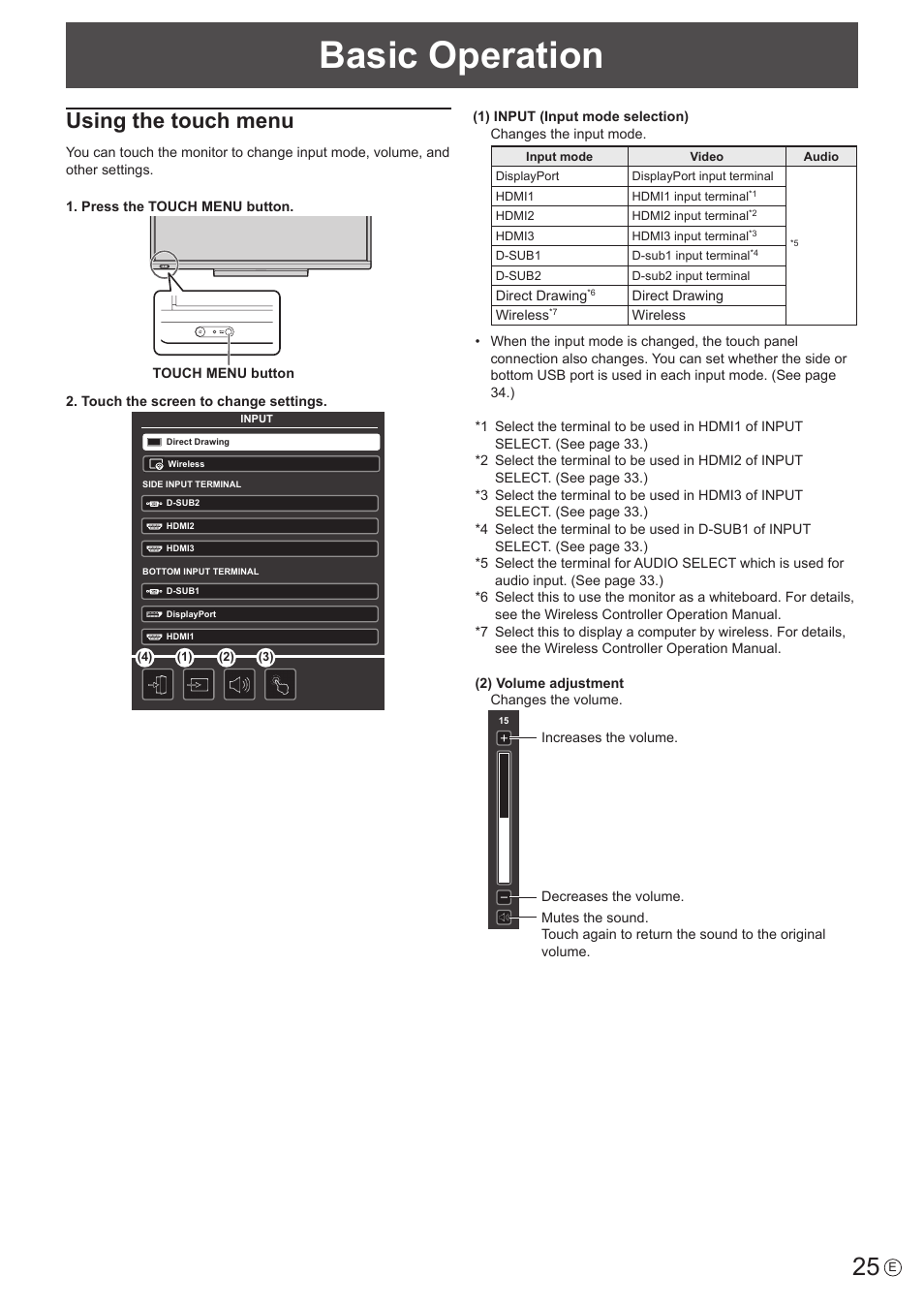 Basic operation, Using the touch menu | Sharp PN-60TW3 User Manual | Page 25 / 70