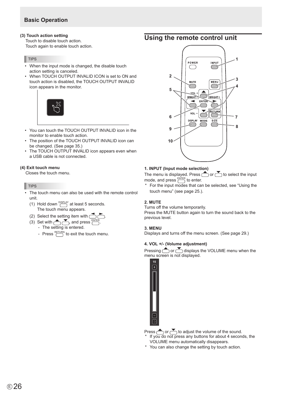 Using the remote control unit, Basic operation | Sharp PN-60TW3 User Manual | Page 26 / 70