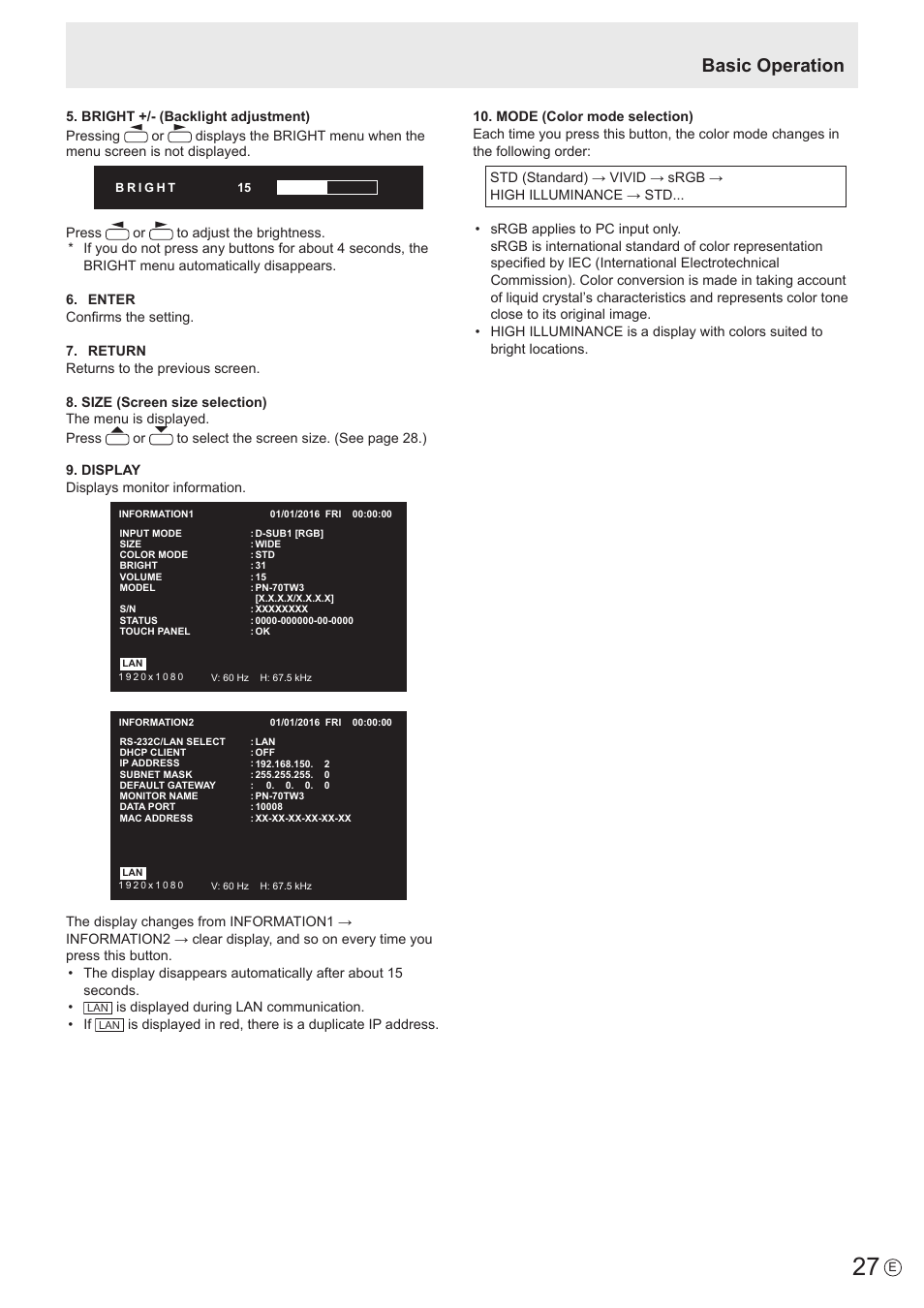 Basic operation | Sharp PN-60TW3 User Manual | Page 27 / 70