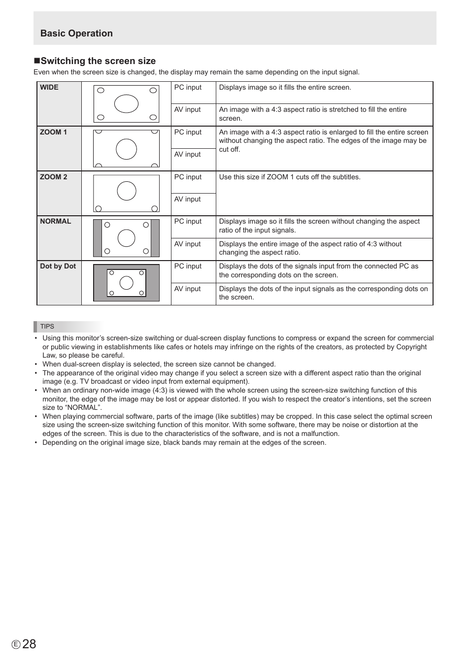 Basic operation n switching the screen size | Sharp PN-60TW3 User Manual | Page 28 / 70