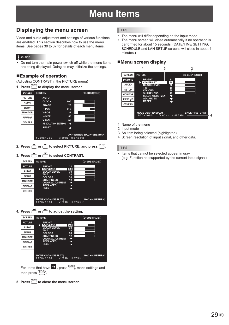 Menu items, Displaying the menu screen, Nexample of operation | Nmenu screen display | Sharp PN-60TW3 User Manual | Page 29 / 70
