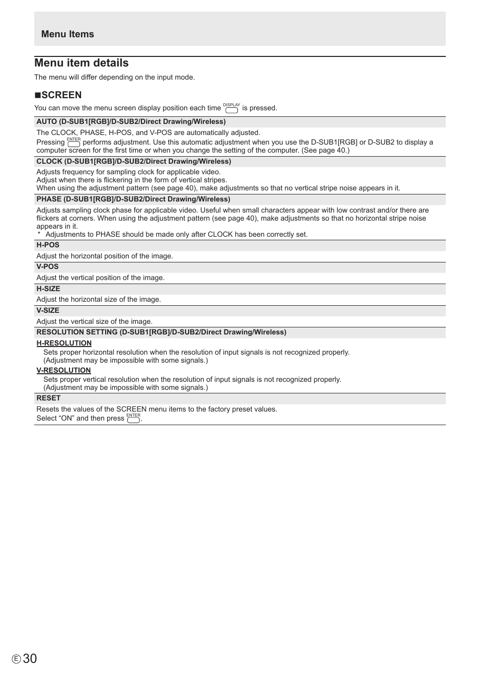 Menu item details, Menu items, Nscreen | Sharp PN-60TW3 User Manual | Page 30 / 70