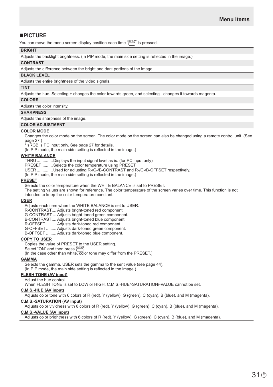 Menu items n picture | Sharp PN-60TW3 User Manual | Page 31 / 70