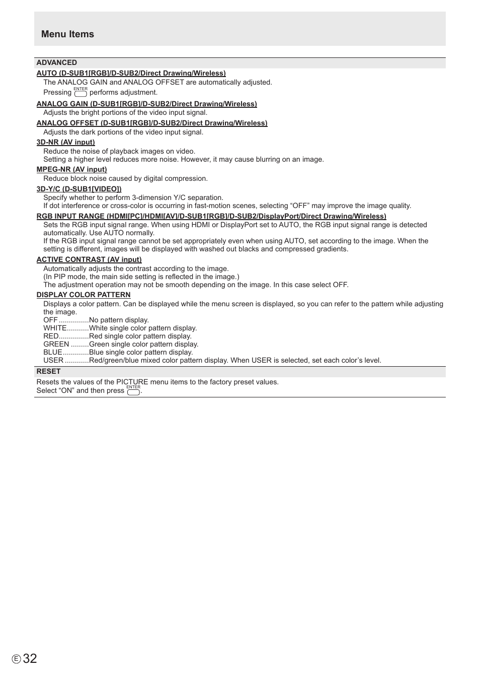 Menu items | Sharp PN-60TW3 User Manual | Page 32 / 70