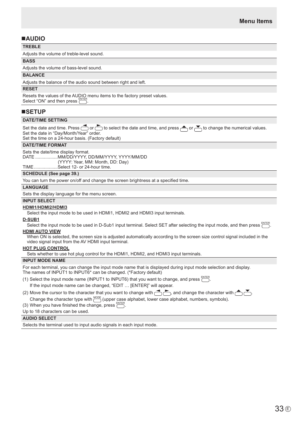 Menu items n audio, Nsetup | Sharp PN-60TW3 User Manual | Page 33 / 70