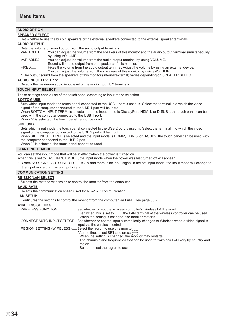 Menu items | Sharp PN-60TW3 User Manual | Page 34 / 70