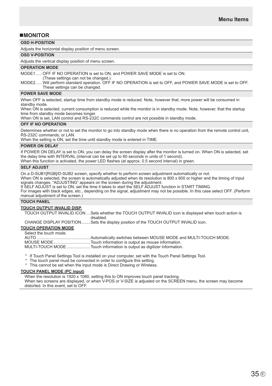 Nmonitor, Menu items | Sharp PN-60TW3 User Manual | Page 35 / 70
