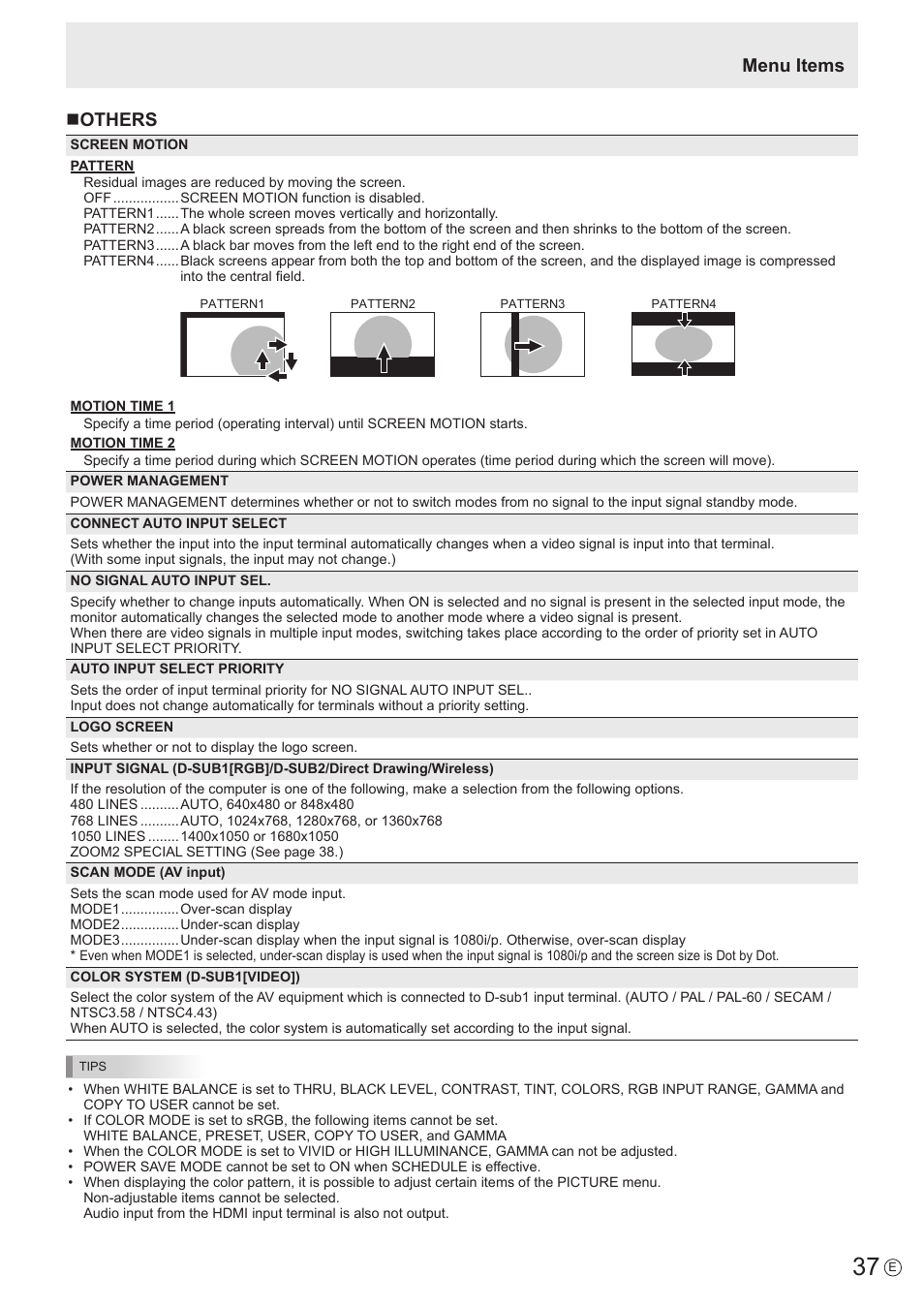 Nothers, Menu items | Sharp PN-60TW3 User Manual | Page 37 / 70