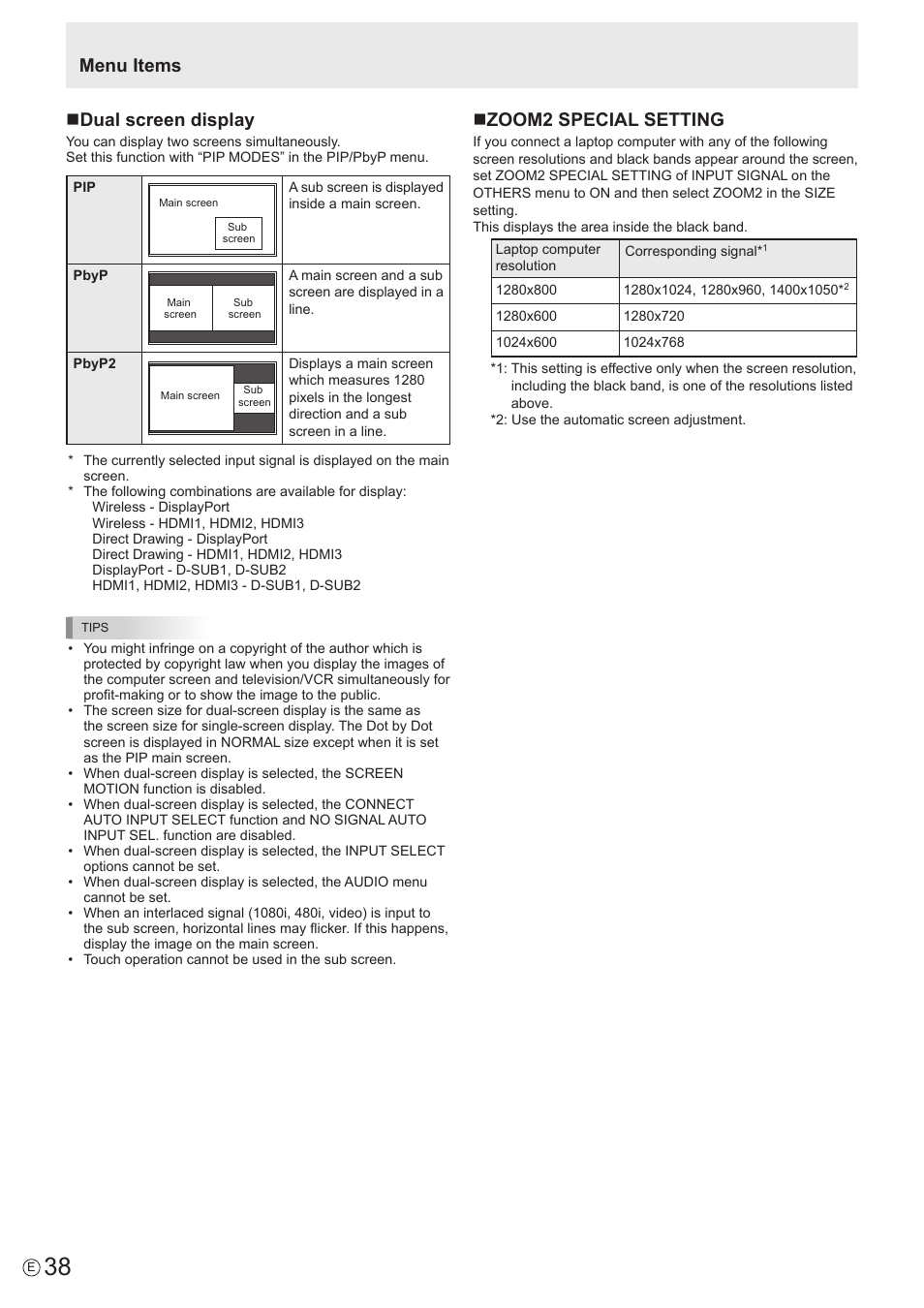 Menu items n dual screen display, Nzoom2 special setting | Sharp PN-60TW3 User Manual | Page 38 / 70