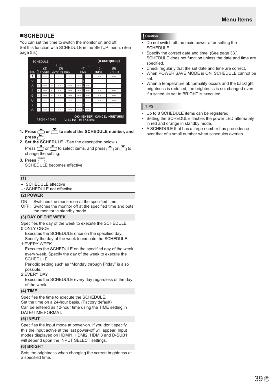 Nschedule, Menu items | Sharp PN-60TW3 User Manual | Page 39 / 70