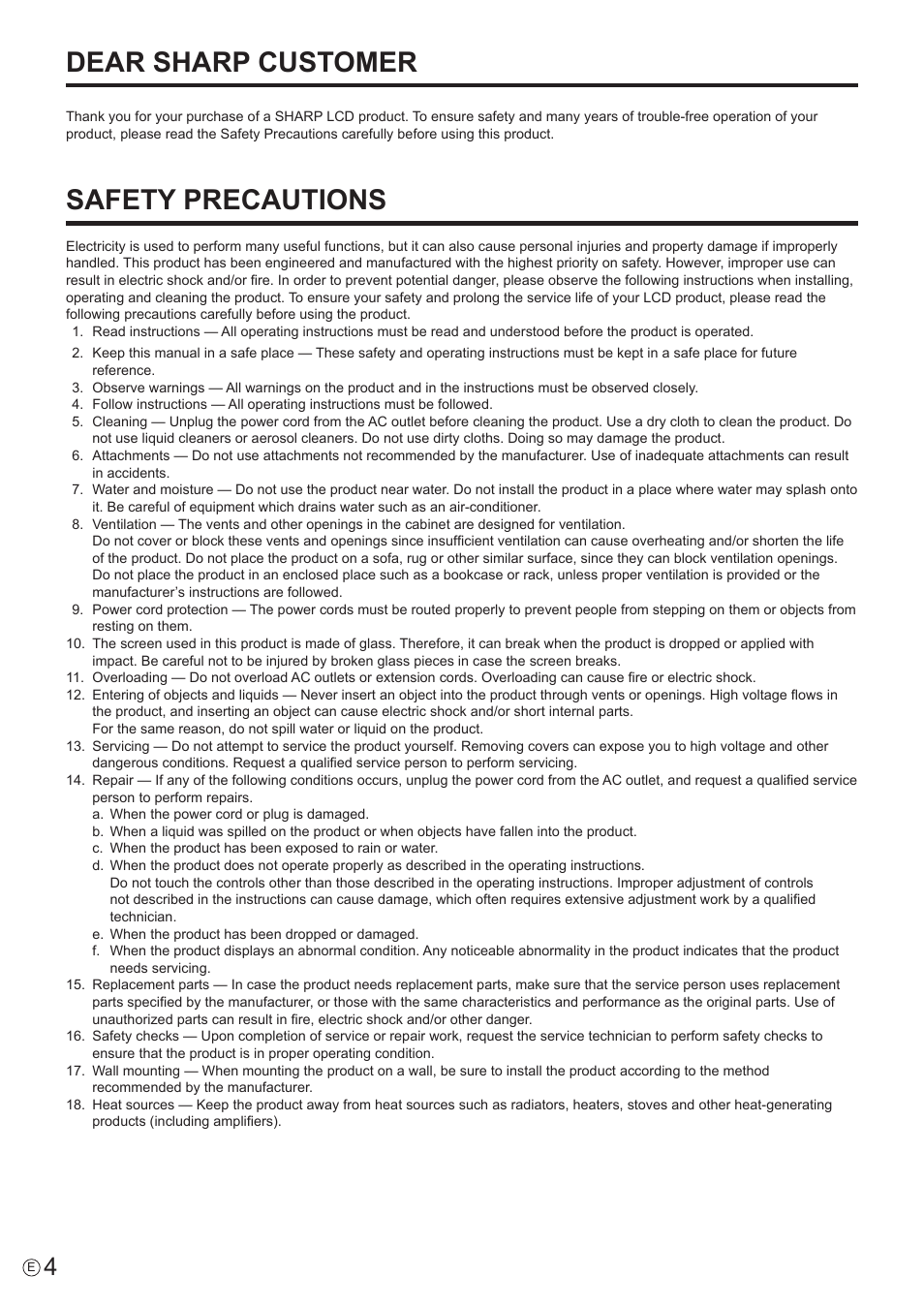 Dear sharp customer, Safety precautions | Sharp PN-60TW3 User Manual | Page 4 / 70