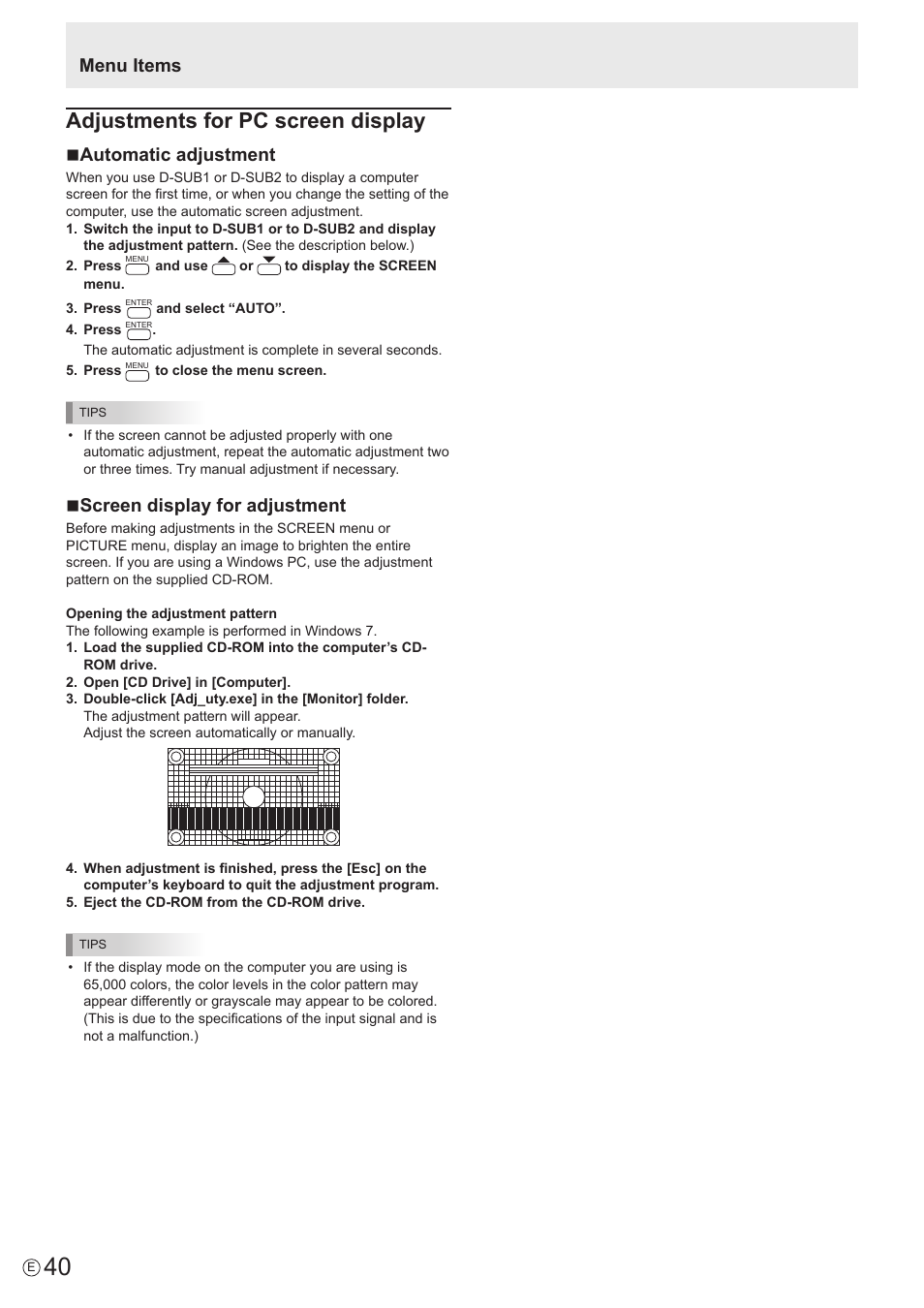 Adjustments for pc screen display, Nautomatic adjustment, Nscreen display for adjustment | Menu items | Sharp PN-60TW3 User Manual | Page 40 / 70