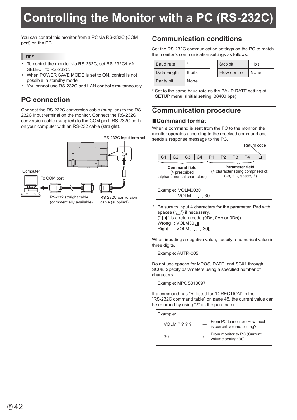 Controlling the monitor with a pc (rs-232c), Pc connection, Communication conditions | Communication procedure, Ncommand format | Sharp PN-60TW3 User Manual | Page 42 / 70
