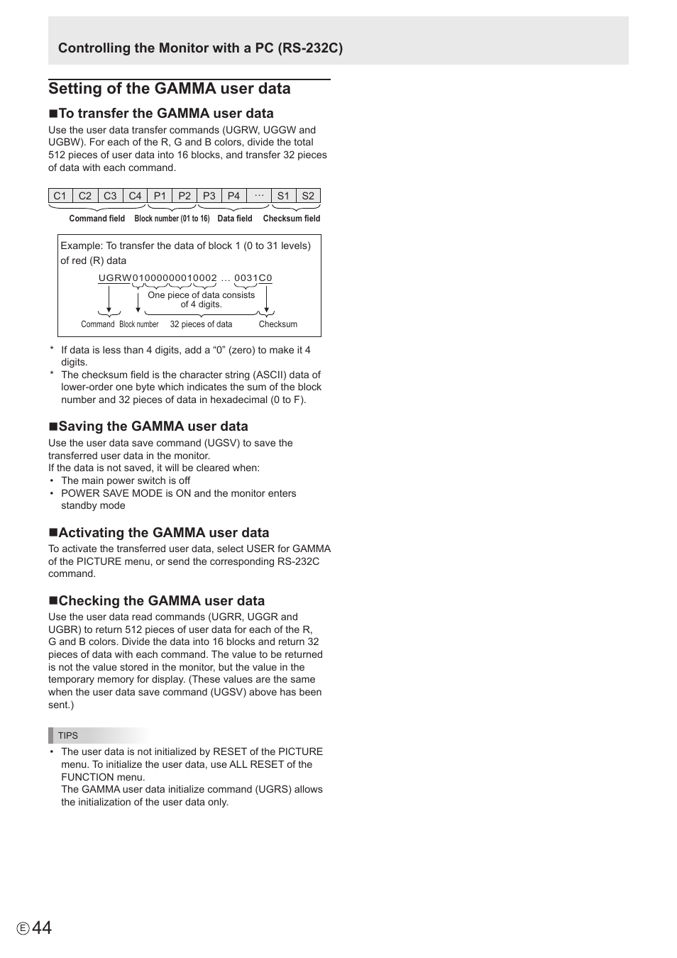 Setting of the gamma user data, Controlling the monitor with a pc (rs-232c), Nto transfer the gamma user data | Nsaving the gamma user data, Nactivating the gamma user data, Nchecking the gamma user data | Sharp PN-60TW3 User Manual | Page 44 / 70