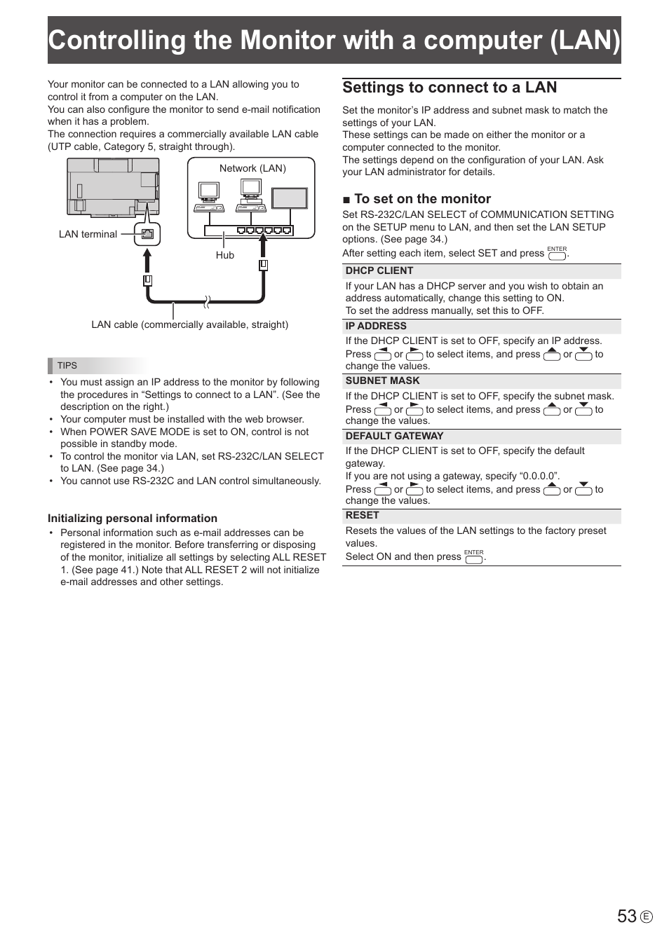 Controlling the monitor with a computer (lan), Settings to connect to a lan | Sharp PN-60TW3 User Manual | Page 53 / 70