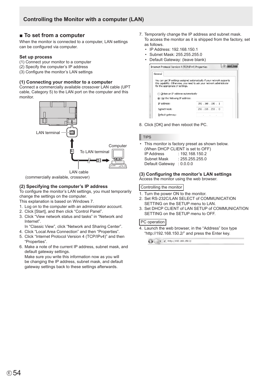 Controlling the monitor with a computer (lan) | Sharp PN-60TW3 User Manual | Page 54 / 70