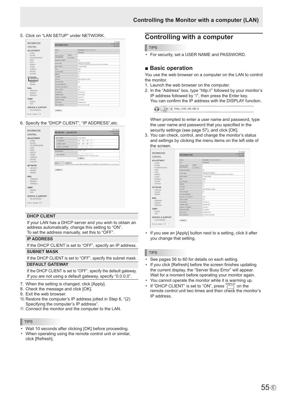 Controlling with a computer, Basic operation, Controlling the monitor with a computer (lan) | Sharp PN-60TW3 User Manual | Page 55 / 70