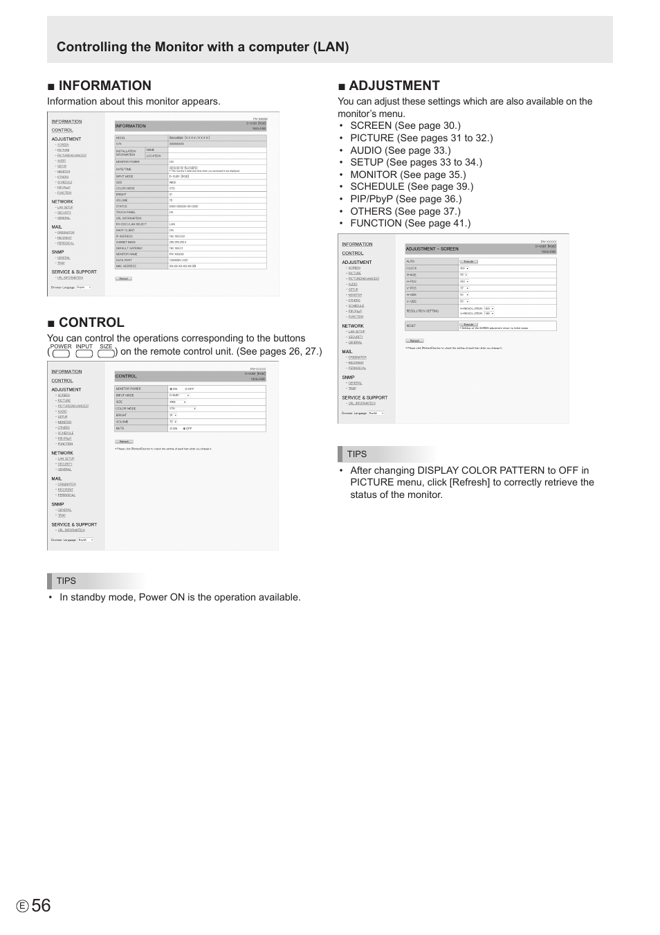 Information, Control, Adjustment | Controlling the monitor with a computer (lan) | Sharp PN-60TW3 User Manual | Page 56 / 70