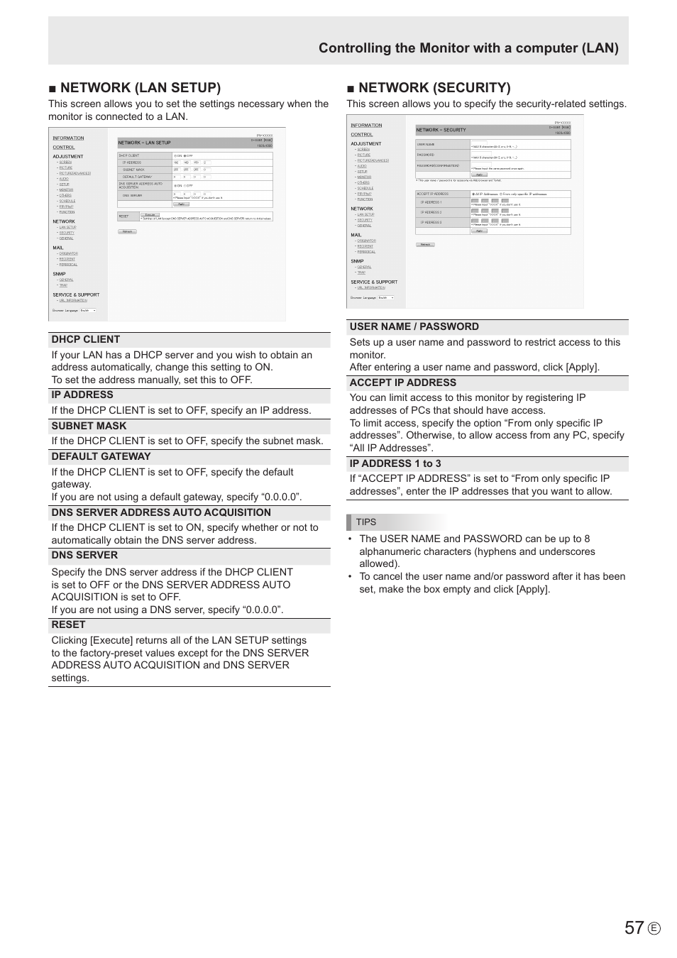 Network (lan setup), Network (security), Controlling the monitor with a computer (lan) | Sharp PN-60TW3 User Manual | Page 57 / 70