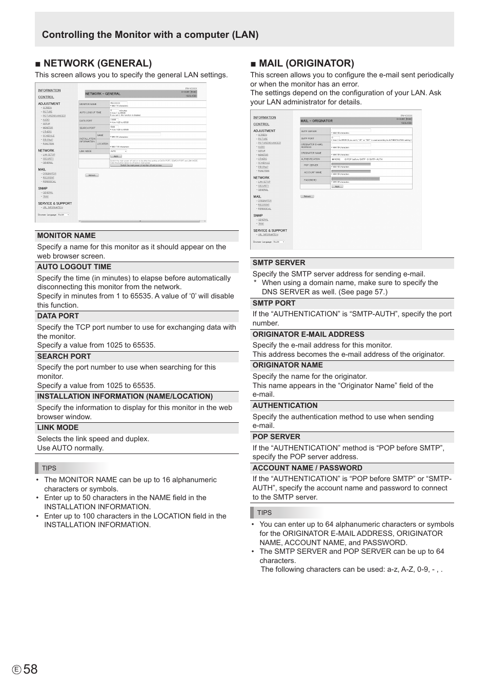 Network (general), Mail (originator), Controlling the monitor with a computer (lan) | Sharp PN-60TW3 User Manual | Page 58 / 70