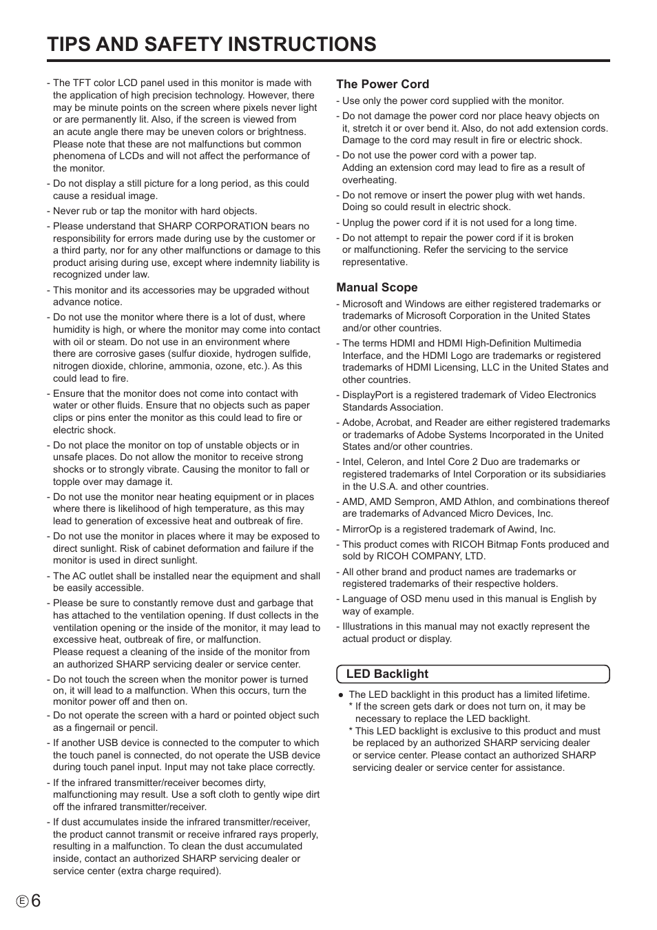 Tips and safety instructions | Sharp PN-60TW3 User Manual | Page 6 / 70