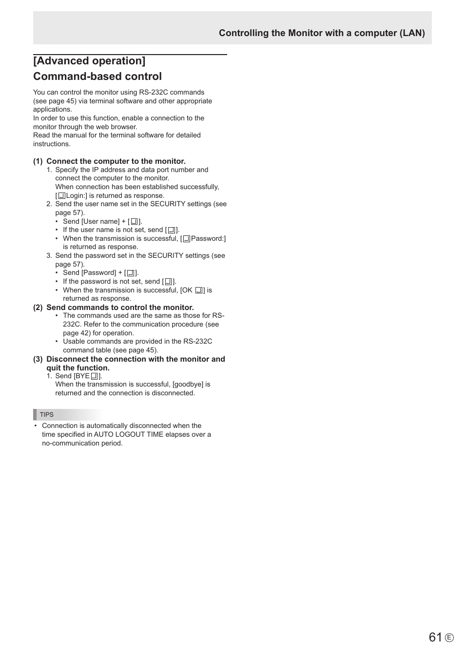 Advanced operation] command-based control, Controlling the monitor with a computer (lan) | Sharp PN-60TW3 User Manual | Page 61 / 70