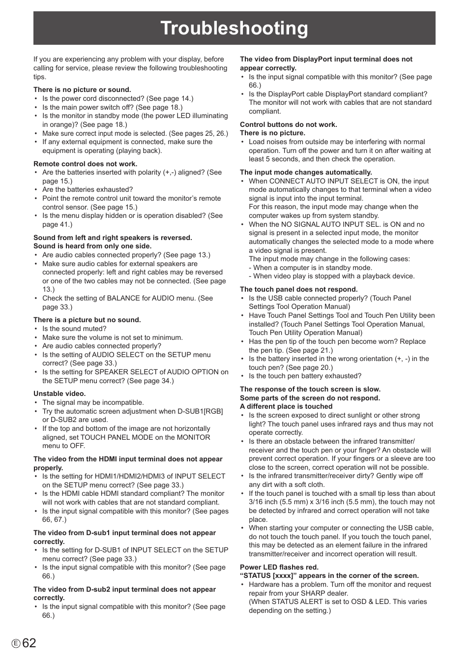 Troubleshooting | Sharp PN-60TW3 User Manual | Page 62 / 70