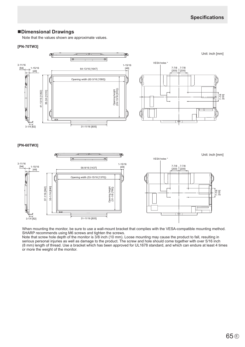 Specifications n dimensional drawings | Sharp PN-60TW3 User Manual | Page 65 / 70