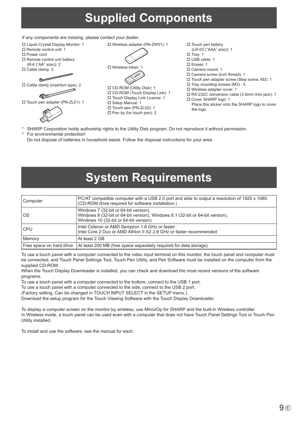 Supplied components, System requirements | Sharp PN-60TW3 User Manual | Page 9 / 70