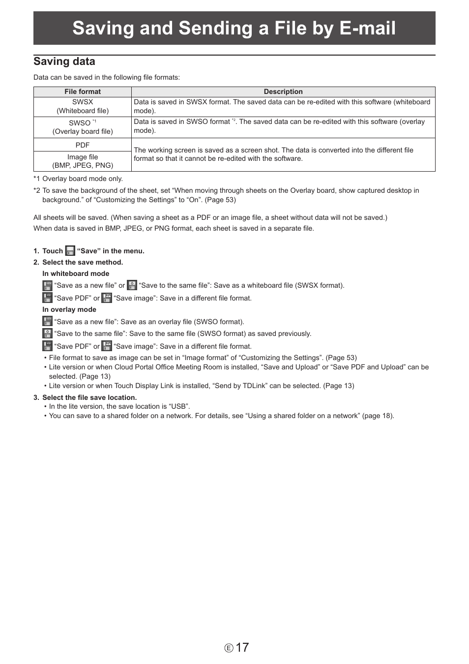 Saving and sending a file by e-mail, Saving data | Sharp PN-60TW3 User Manual | Page 17 / 59